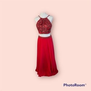 JOVANI beaded crop top high neck skirt two piece matching set maxi red size 6